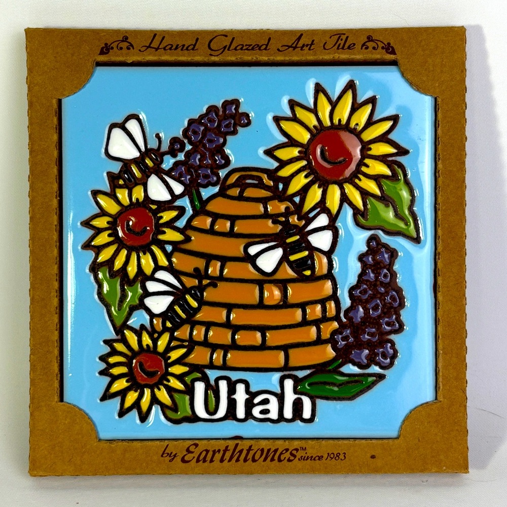 Hand Glazed Art Tile with Honey Bees & Flowers & Utah 6” x 6” Trivet
